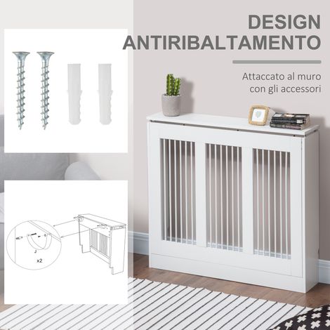 Housse de radiateur à lattes blanche 90x18x84 cm, style moderne avec système anti-basculement en MDF et acier, idéale pour salon, couloir, bureau (1/5)