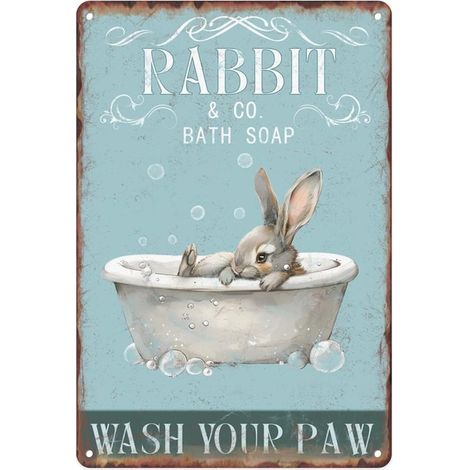 Plaque de Fer à Savon de Bain avec Lapin Mignon pour Décoration Murale d'Invité de Bureau, Toilette, Salle de Bain, Porte de Salle de Bain, Bar, Hôtel, Club, Peinture de Style Vintagée 30 X 20 Cm (1/5)