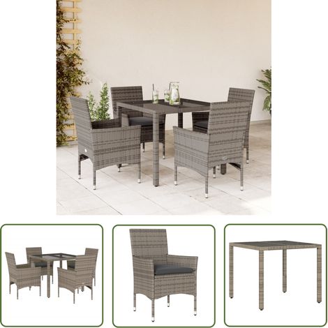 The Living Store 5-tlg. Garten-Essgruppe mit Kissen Grau Poly Rattan und Glas - Gartenmöbel Set - Outdoor Möbel - Esstisch - Gartenstühle - Rattan Gartenmöbel (1/5)
