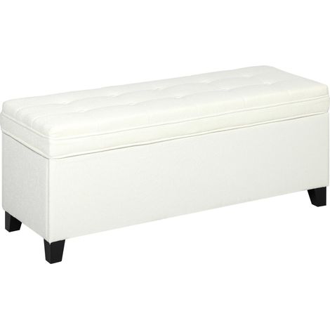 Banc de rangement 112L banquette bout de lit en tissu de lin, siège capitonné, 120 x 40 x 48 cm, crème