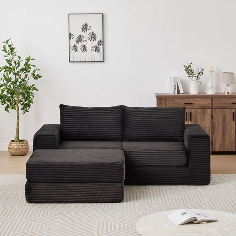 Canapé Modulaire 2 Places – Velours Côtelé, avec 2 Coussins, Accoudoirs Carrés Classiques et Pouf Détachable – Design, Noir (1/5)