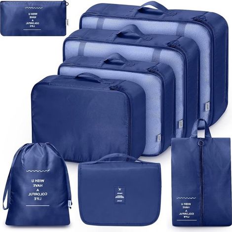 Set di 8 organizer per valigia con trousse da viaggio - Blu scuro - Resistente all'acqua - Varie misure (1/5)