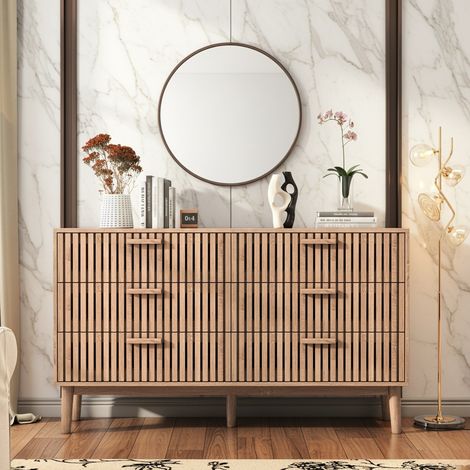 Cassettiera a 6 Cassetti con Design Cannettato - Comò / Credenza Bassa in Stile Nordico per Camera da Letto o Soggiorno