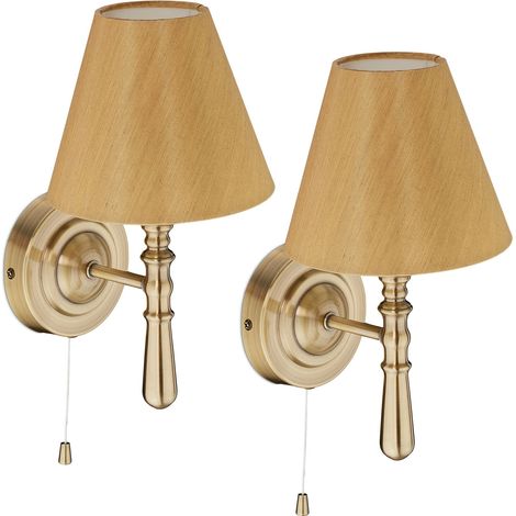 Relaxdays Wandlampe mit Schirm, 2er Set, Zugschalter, Flur & Wohnzimmer, E14, Stoff, Metall, HxBxT: 28x16x19 cm, messing