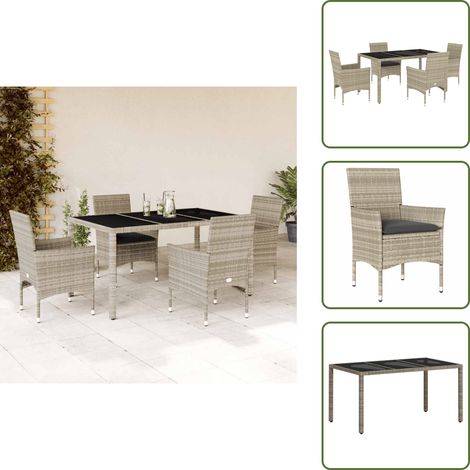 5-tlg. Garten-Essgruppe mit Kissen Hellgrau Poly Rattan Glas - Gartentisch - Gartenmöbel Set - Esstisch - Gartenset - Outdoor Möbel (1/5)