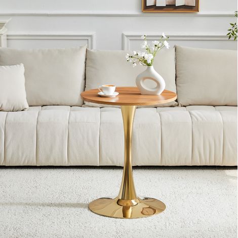 Tavolo rotondo MDF e metallo effetto legno e oro, Ø60x72 cm, base centrale (1/5)