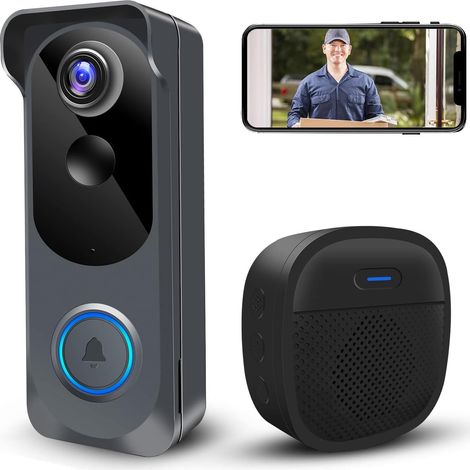 Caméra de sonnette vidéo sans fil, 2K HD Smart WiFi, détection de mouvement PIR, audio bidirectionnel, vision nocturne, alimentée par piles, étanchéité IP66, intérieur et extérieur, Wi-Fi 2,4 G (1/5)