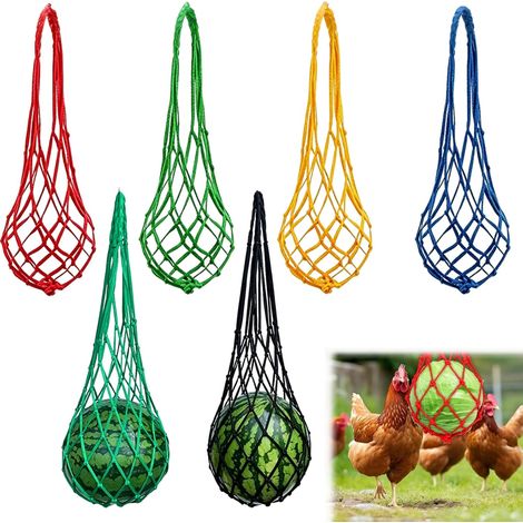 Lot de 6 Filets d’Alimentation pour Poules à Suspendre, Distributeur Fruits légumes pour volailles, Accessoire poulailler pour Stimulation Naturelle Poulets Canards oies Oiseaux (1/5)
