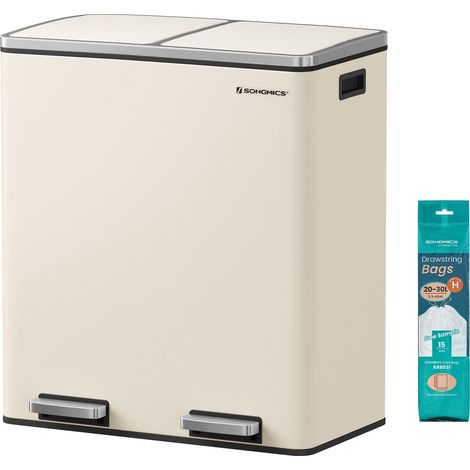 Poubelle à Double Compartiment 2 x 30 L, avec 15 Sacs Poubelles, Pédales en Métal, 2 Seaux Intérieurs en Plastique, Couvercles, Poignées, Fermeture en Douceur, Couleur Crème LTB060A01 (1/5)