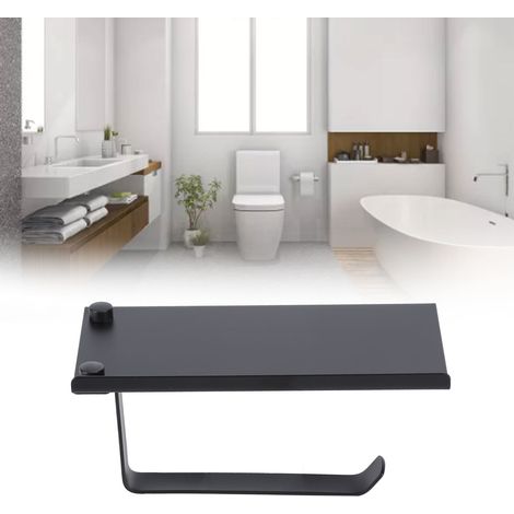 Porte-papier toilette en acier inoxydable, support de téléphone de salle de bain, boîte à mouchoirs, porte-papier toilette, aucun perçage requis, 201 noir. (1/5)