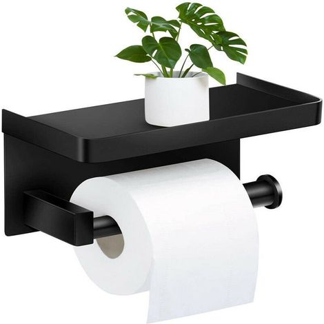 Porte-papier toilette mural sans perçage – Acier inoxydable SUS304 brossé – Support avec étagère – Noir moderne pour salle de bain et cuisine (1/5)