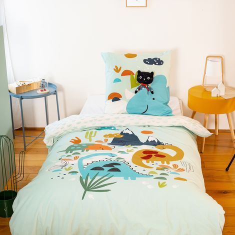 Parure de lit coton réversible vert d'eau imprimé dinosaures 1 place 140 x 200cm - Dino