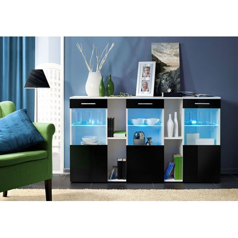 Buffet Dorade avec vitrine et éclairage LED - Bois MDF blanc et noir brillant - 160 x 92 x 40 cm - Livraison gratuite