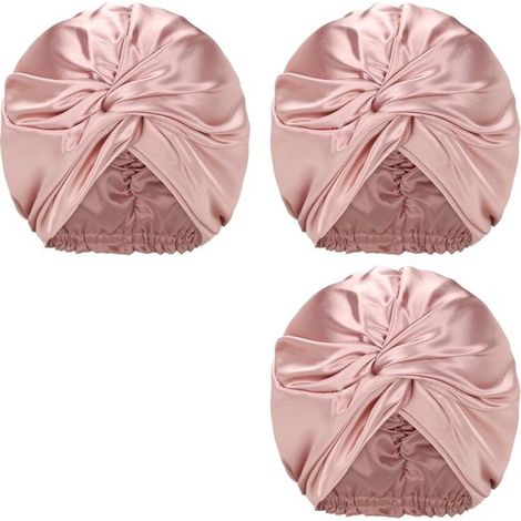 Bonnet de nuit - 3 pièces - Bonnet satiné - Filet à cheveux - Bandeau - Bonnet Cheveux - 23 x 26 cm - Rose clair - Polyester - Soins capillaires - Élastique - Pour femme (1/5)
