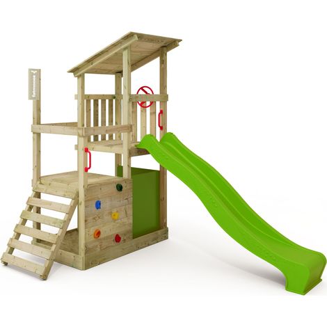 FATMOOSE Torre gioco FruityForest con scivolo, torre da arrampicata con sabbiera, scala e accessori da gioco - verde mela