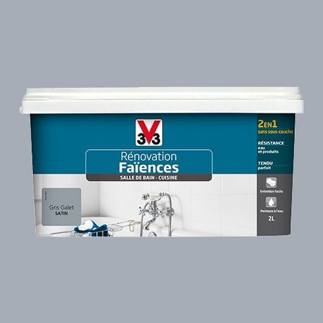 V33 – Peinture acrylique rénovation faïences satin gris galet 2L – Résistante à l'eau – Application directe sans sous-couche