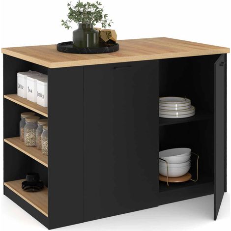 Idmarket – Îlot central TIBO 120 cm – Bois noir – Plan de travail hêtre – 2 portes avec étagères ajustables – Dimensions compactes 120x70x90 cm