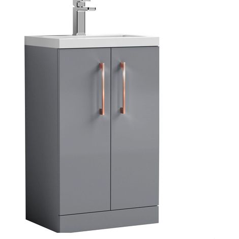 Balterley Bramshall Compact Bathroom Cloakroom Vanity Basin Unit with Ceramic Basin, Copper Handles, 500mm, Satin Grey