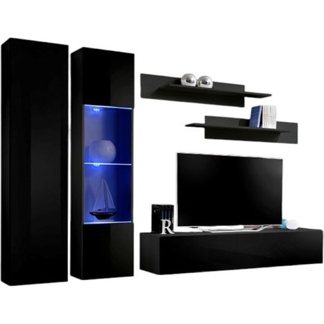 Mobile TV FLY A5 design, colore nero lucido + LED. Mobile sospeso moderno e alla moda per il tuo soggiorno.