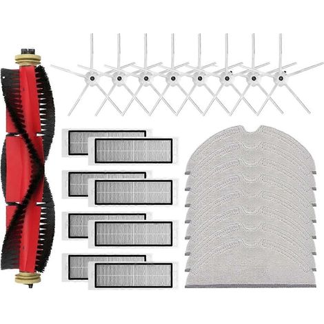Accessoires et pièces détachées pour balai à franges Roborock S5 : brosse latérale, filtre et balai à franges.