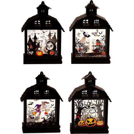 Lot de 4 lanternes LED à bougie, motif citrouille, épouvantail, fantôme et sorcière, pour décoration de Noël. (1/5)