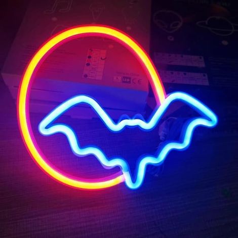 Enseigne lumineuse LED néon Lune et Chauve-souris, lampe murale USB/piles, cadeau de Noël pour enfants, rouge (1/3)