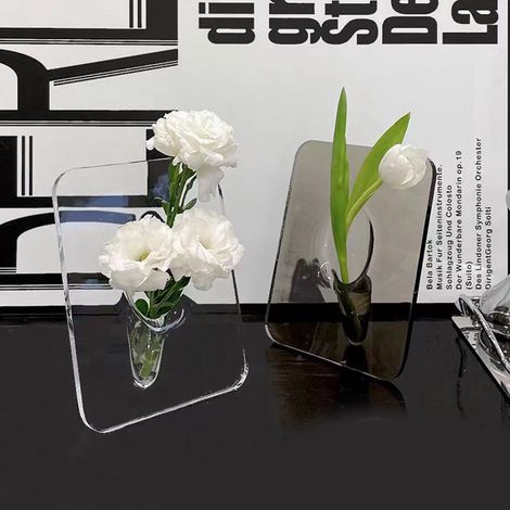 Vase cadre photo artistique créatif digne d'Instagram, contenant pour arrangement floral hydroponique, ornement de décoration haut de gamme pour bureau/maison nordique, blanc transparent. (1/5)