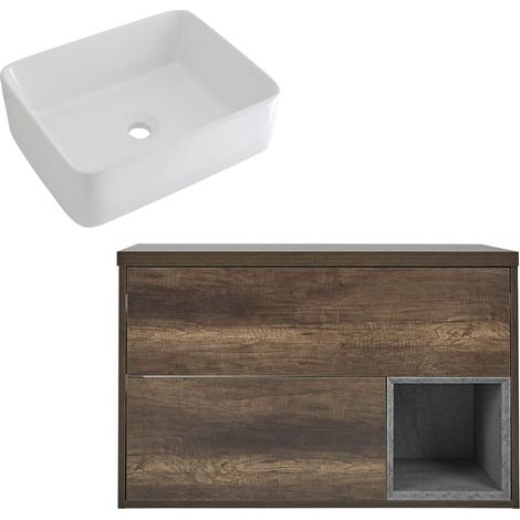 Milano Bexley Dark Oak 1000mm Wall Hung Bathroom Vanity Unit with Countertop Basin - Rectangular Basin (No LED Light) (1/5)