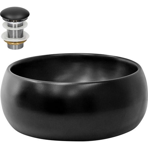 ML-Design Lavabo de Cerámica Negro Mate Redondo Ø 400 x 155 mm Con Juego De Drenaje Sin Rebosadero Lavamanos Moderno De Encimera Sobremesa Pila Para Baño Aseo Fregadero Colgante (1/5)
