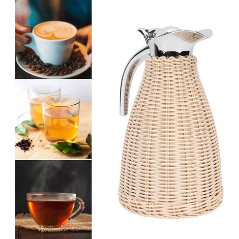 Carafe isotherme en acier inoxydable tressé à la main, corps en rotin tressé, 1,5 L, triple paroi, conserve la chaleur 12 heures et le froid 24 heures, couleur beige.