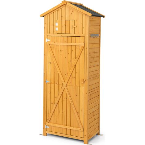 Armoire de rangement à outils de jardin en bois de sapin naturel hauteur 180 cm, porte verrouillable, plan de travail rabattable, toit bitumé étanche avec crochets de suspension (1/5)