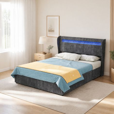 Lit coffre 140x200 avec tête de lit LED intégrée, gris, mécanisme à vérins DESVIAE (1/5)
