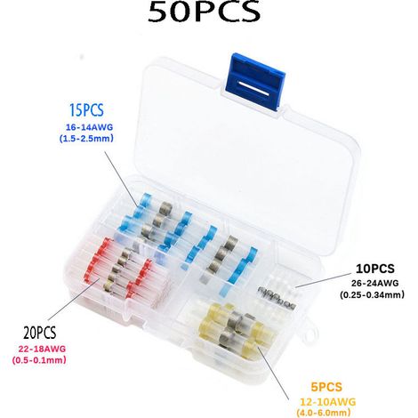 Kit de 50 Connecteurs Électriques Étanches à Souder avec Gaine Thermorétractable - Bagues de Raccordement Isolées sans Sertissage (20 Rouges, 15 Bleues, 10 Blanches, 5 Jaunes)-lsw