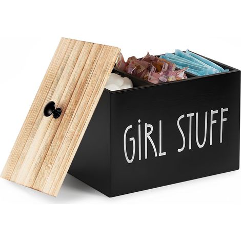 Porte-tampons en bois pour salle de bain - Boîte de rangement à 3 compartiments avec couvercle - Boîte de rangement robuste pour articles d'hygiène, produits pour femme (noir) (1/5)