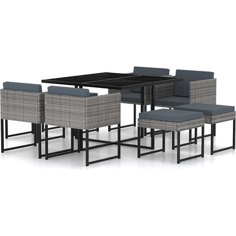 Ensemble à manger de jardin coussins 9 pcs-Salon de jardin Résine tressée Gris 216253 (1/5)