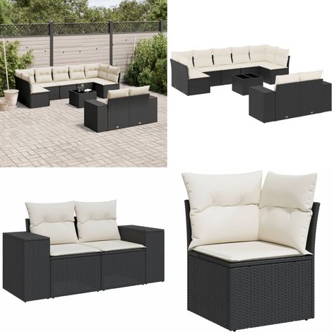 10-tlg. Garten-Sofagarnitur mit Kissen Schwarz Poly Rattan - Gartenmöbel - Esstischgarnitur - Outdoor Möbel - Lounge Set - Rattan Gartenmöbel - Home & Living