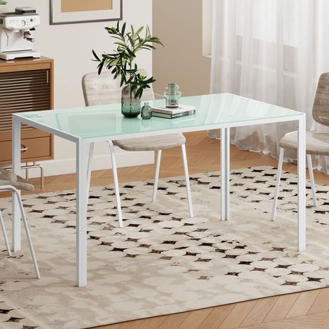 Mesa de Comedor de Cristal Rectangular para 6 Personas con Patas de Metal para Cocina Salón 140x80x75 cm Blanco (1/5)