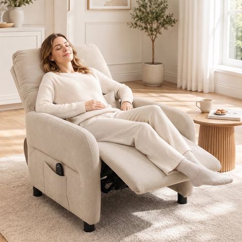 Relaxsessel mit Massage & Wrme, Liegefunktion, 2 Seitentaschen und ausziehbarer Fustütze, Beige (1/5)