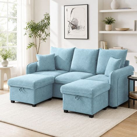 Canapé d’angle modulable bleu avec 2 poufs coffre, tissu chenille et couchage d’appoint,188x186x86 cm (1/5)