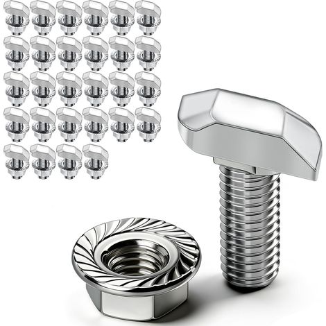 Lot de 28 vis à tête marteau M6 x 16 - En acier inoxydable A2-70 - Vis à tête marteau M6 avec écrous à dents de blocage - Écrous à bride - Vis M6 - Pour rails de montage solaires PV, serre et profil (1/5)