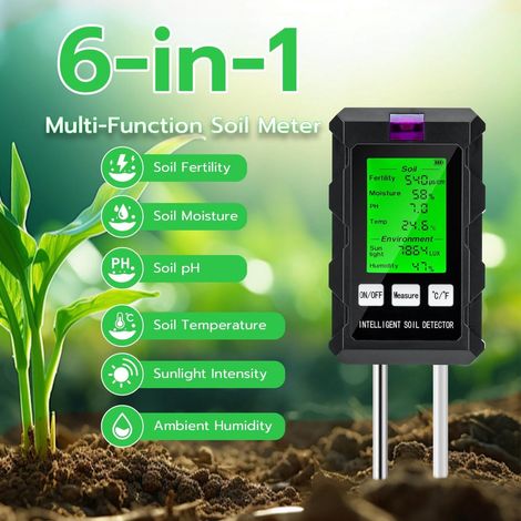6 in 1 Gerät: pH Meter, Bodenfeuchtemesser, Thermometer, Fruchtbarkeitsmesser, Solarlichtmesser und Umgebungsfeuchtigkeitsmesser für Pflanzen (1/5)