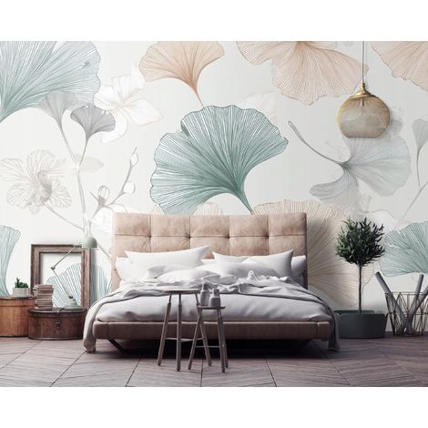 Fototapete Blätter Ginkgo Abstrakt, für Wohnzimmer und Schlafzimmer, 150 x 105 cm – Komplettset inkl. Kleister & Anleitung (1/5)