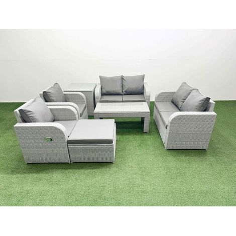 Fimous 7 Seater Outdoor Reclining Chair Love Sofa Set Rattan Garden Furniture Set with Oblong Coffee Table Footstool Side Table Light Grey (1/4)