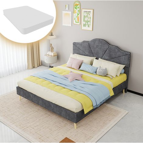 Cama 160x200 cm con colchón, cabecero geométrico acolchado, gris OKMYHOME (1/5)