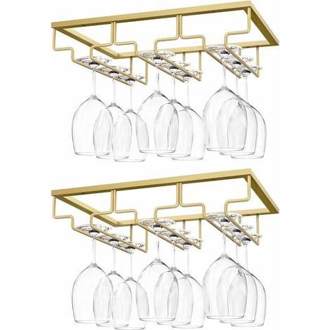 Porte-Verres À Pied Suspendu, [2 Pcs] Porte-Verre À Vin Suspendu Support De Verre À Vin Avec 3 Rails Pour Dessous D'Étagère, Armoire De Verre, Tenture En Chrome, Barre De Cuisine Or (1/5)