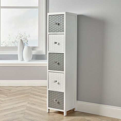 Wooden Storage Unit 5 Drawer Tall Chest Bedroom Organiser White Fully Assembled (1/5)