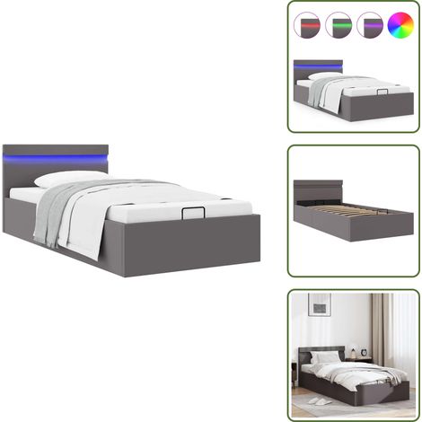 Bett mit Bettkasten Hydraulisch LED Grau Kunstleder 90x200 cm - Einzelbett - Stauraumbett - Kunstlederbett - Boxspringbett - Hydrauliksystem (1/5)