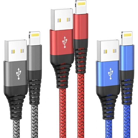 Lightning-Ladekabel für iPhone (3er-Pack) 2 m, geflochten, kompatibel mit iPhone 12/11/Pro/Xs Max/X/8/7/Plus/6S/6/SE/5S, iPad und anderen. (1/5)