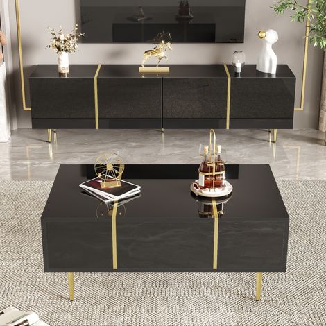 Meuble TV noir brillant 170 cm avec 4 portes et table basse 100 x 60 cm à 2 tiroirs avec détails dorés (1/5)