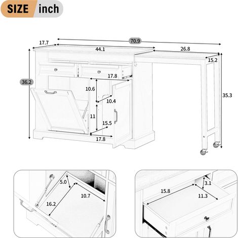 MEUBLIV Isla de cocina con ruedas gris 112-180x45x92 cm con tablero extensible (1/5)